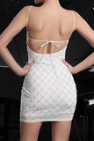 Sparkly White Spaghetti Straps Short Tight Homecoming Dress with Pearls