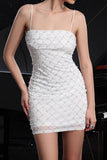 Sparkly White Spaghetti Straps Short Tight Homecoming Dress with Pearls