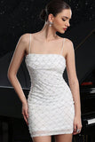 Sparkly White Spaghetti Straps Short Tight Homecoming Dress with Pearls