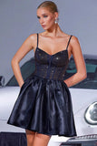 Sparkly Navy Satin A Line Corset Short Homecoming Dress with Beading