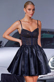 Sparkly Navy Satin A Line Corset Short Homecoming Dress with Beading