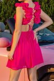 Fuchsia Cut Out A Line V-Neck Short Homecoming Dress with Ruffles