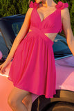 Fuchsia Cut Out A Line V-Neck Short Homecoming Dress with Ruffles