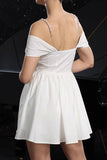 White Satin A Line Cold Shoulder Short Homecoming Dress with Keyhole