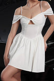 White Satin A Line Cold Shoulder Short Homecoming Dress with Keyhole