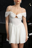 White Satin A Line Cold Shoulder Short Homecoming Dress with Keyhole