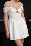 White Satin A Line Cold Shoulder Short Homecoming Dress with Keyhole