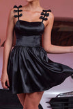 Black Satin A Line Short Homecoming Dress with Bows