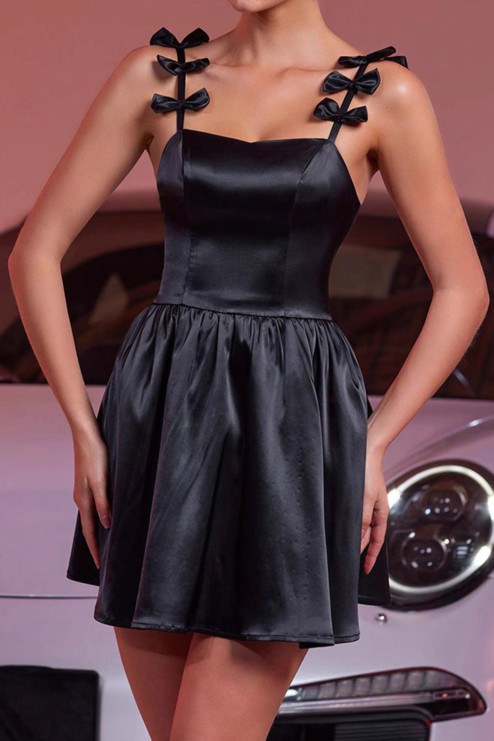 Black Satin A Line Short Homecoming Dress with Bows