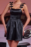 Black Satin A Line Short Homecoming Dress with Bows