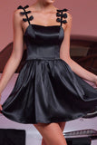 Black Satin A Line Short Homecoming Dress with Bows