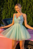Sparkly Green Tulle A Line Short Homecoming Dress with Sequins