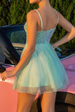 Sparkly Green Tulle A Line Short Homecoming Dress with Sequins