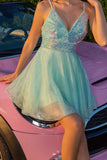Sparkly Green Tulle A Line Short Homecoming Dress with Sequins