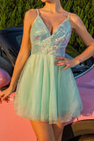 Sparkly Green Tulle A Line Short Homecoming Dress with Sequins