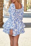 White Blue Tiered Floral V-Neck Short Homecoming Dress with Ruffles
