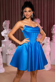 Strapless Royal Blue Corset A Line Cocktail Dress With Beading