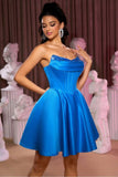 Strapless Royal Blue Corset A Line Cocktail Dress With Beading