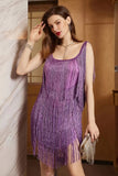 Purple Scoop Neck Backless Short Homecoming Dress with Fringes