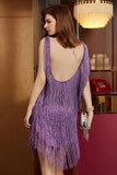 Purple Scoop Neck Backless Short Homecoming Dress with Fringes