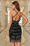 Sparkly Black Spaghetti Straps Short Homecoming Dress with Fringes