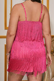 Sparkly Hot Pink Spaghetti Straps Short Plus Size Homecoming Dress with Fringes