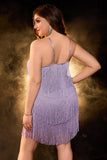Sparkly Hot Pink Spaghetti Straps Short Plus Size Homecoming Dress with Fringes