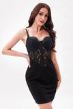 Black Spaghetti Straps Short Bodycon Homecoming Dress with Appliques