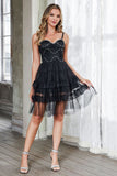 Black Tulle Spaghetti Straps Short Tiered Homecoming Dress with Beading