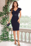 Dark Navy V-Neck Ruffled Bodycon Satin Long Homecoming Dress