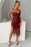 Sparkly Burgundy Sequins Short Homecoming Dress with Fringes