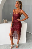 Sparkly Burgundy Sequins Short Homecoming Dress with Fringes