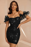 Sparkly Black Corset Ruffled Bodycon Short Cocktail Dress
