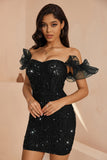 Sparkly Black Corset Ruffled Bodycon Short Cocktail Dress