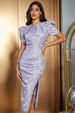 Lavender Satin Puff Sleeves Midi Floral Cocktail Dress with Slit