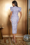 Lavender Satin Puff Sleeves Midi Floral Cocktail Dress with Slit