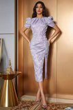 Lavender Satin Puff Sleeves Midi Floral Cocktail Dress with Slit