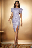 Lavender Satin Puff Sleeves Midi Floral Cocktail Dress with Slit