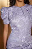 Lavender Satin Puff Sleeves Midi Floral Cocktail Dress with Slit