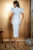 Lavender Satin Puff Sleeves Midi Floral Cocktail Dress with Slit