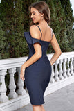 Navy Ruffled Spaghetti Straps Short Bodycon Cocktail Dress