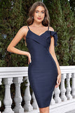 Navy Ruffled Spaghetti Straps Short Bodycon Cocktail Dress