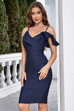 Navy Ruffled Spaghetti Straps Short Bodycon Cocktail Dress