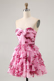 Pink Flower A Line Tiered Ruffled Short Homecoming Dress with Bow