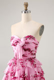 Pink Flower A Line Tiered Ruffled Short Homecoming Dress with Bow