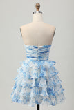 Pink Flower A Line Tiered Ruffled Short Homecoming Dress with Bow