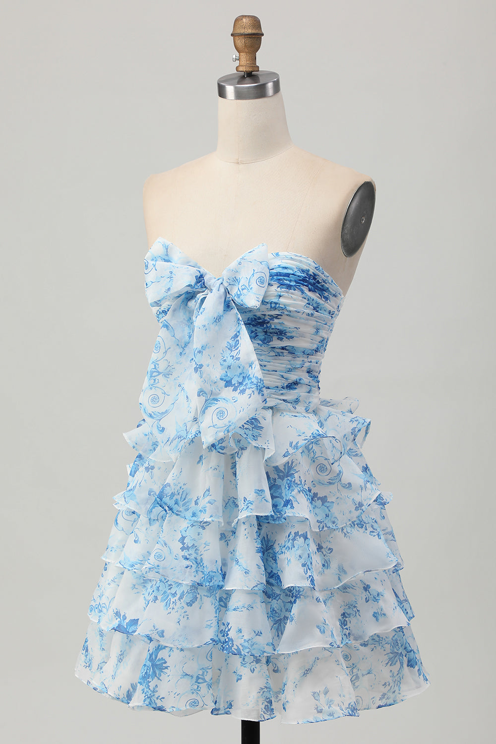 White and Blue Floral Ruffled Strapless Short Homecoming Dress with Bow