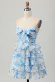 Pink Flower A Line Tiered Ruffled Short Homecoming Dress with Bow