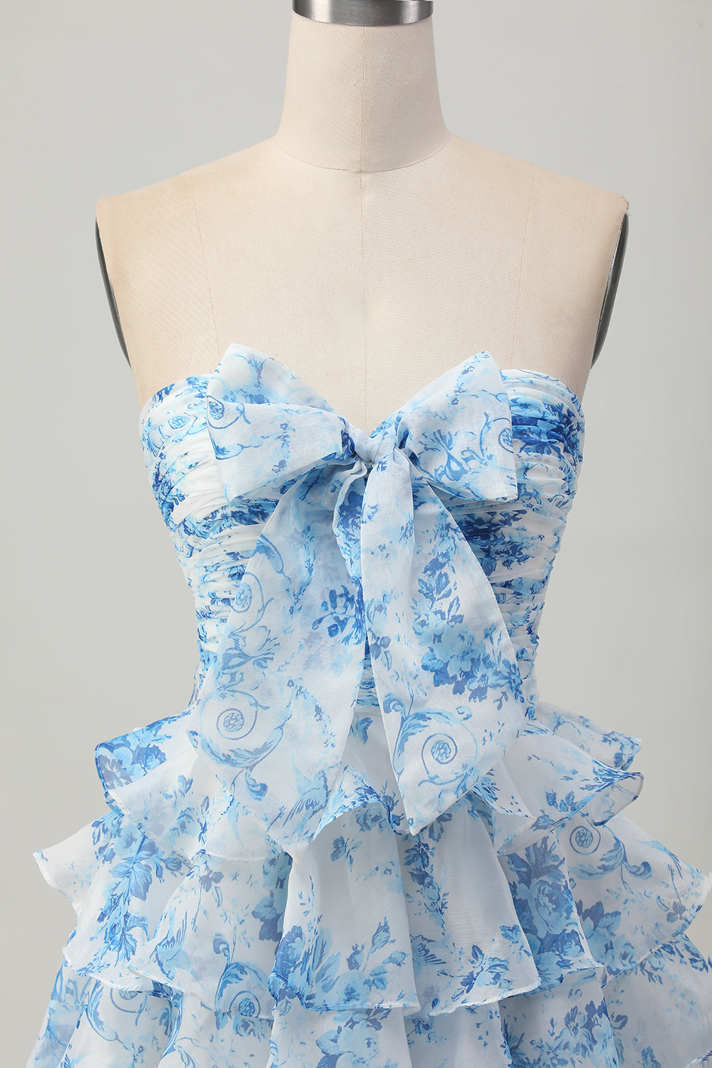 Pink Flower A Line Tiered Ruffled Short Homecoming Dress with Bow