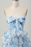Pink Flower A Line Tiered Ruffled Short Homecoming Dress with Bow